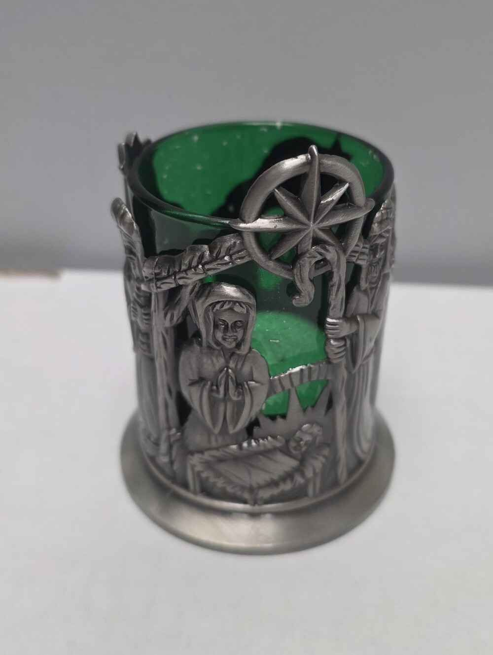 Christmas Pewter Nativity Scene Candle Holder 5" Holiday Decor With Green Glass